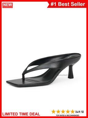 Women's Square Toe Thong Kitten Heel Sandals Faux Leather Slip On